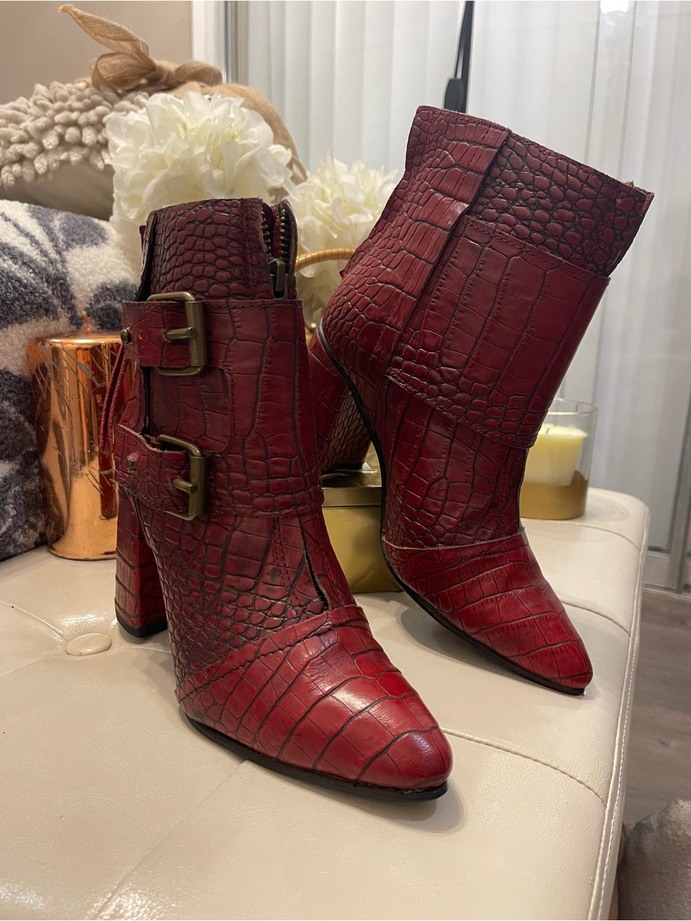 Freebird by Steven Joey NEVER WORN RED CROCO Leather Ankle Boots